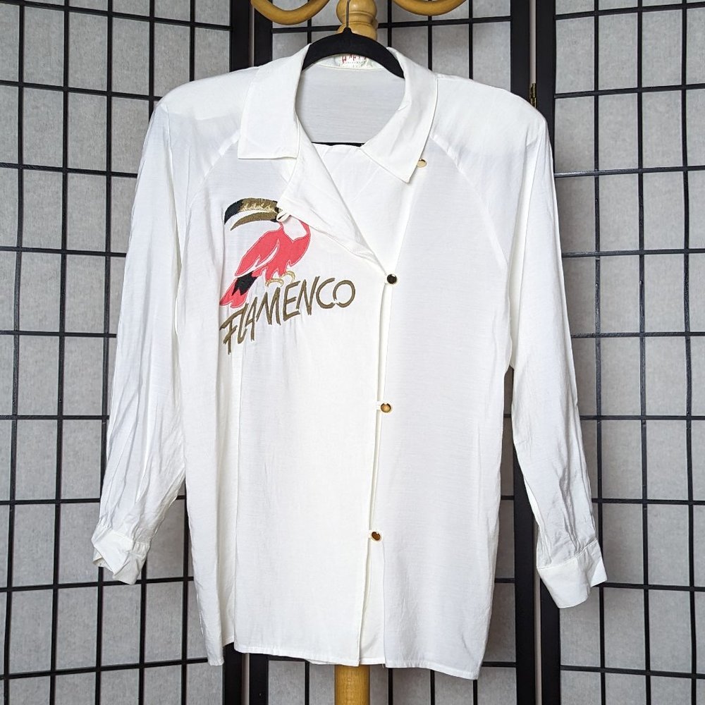 Vintage white button down shirt with flamenco and bird embroidery